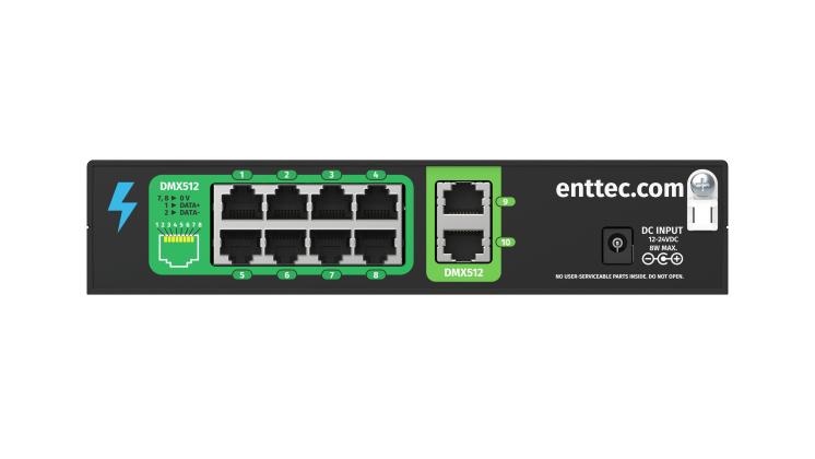 STORM10 rear panel — 10 × DMX512 RJ45 ports numbered 1 to 10 and 12–24 VDC power input