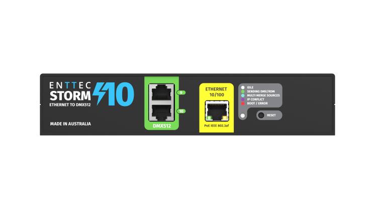 STORM10 front panel — ENTTEC STORM10 Ethernet to DMX512, DMX512 RJ45 ports 9 & 10, Ethernet 10/100 PoE input and LED status indicator