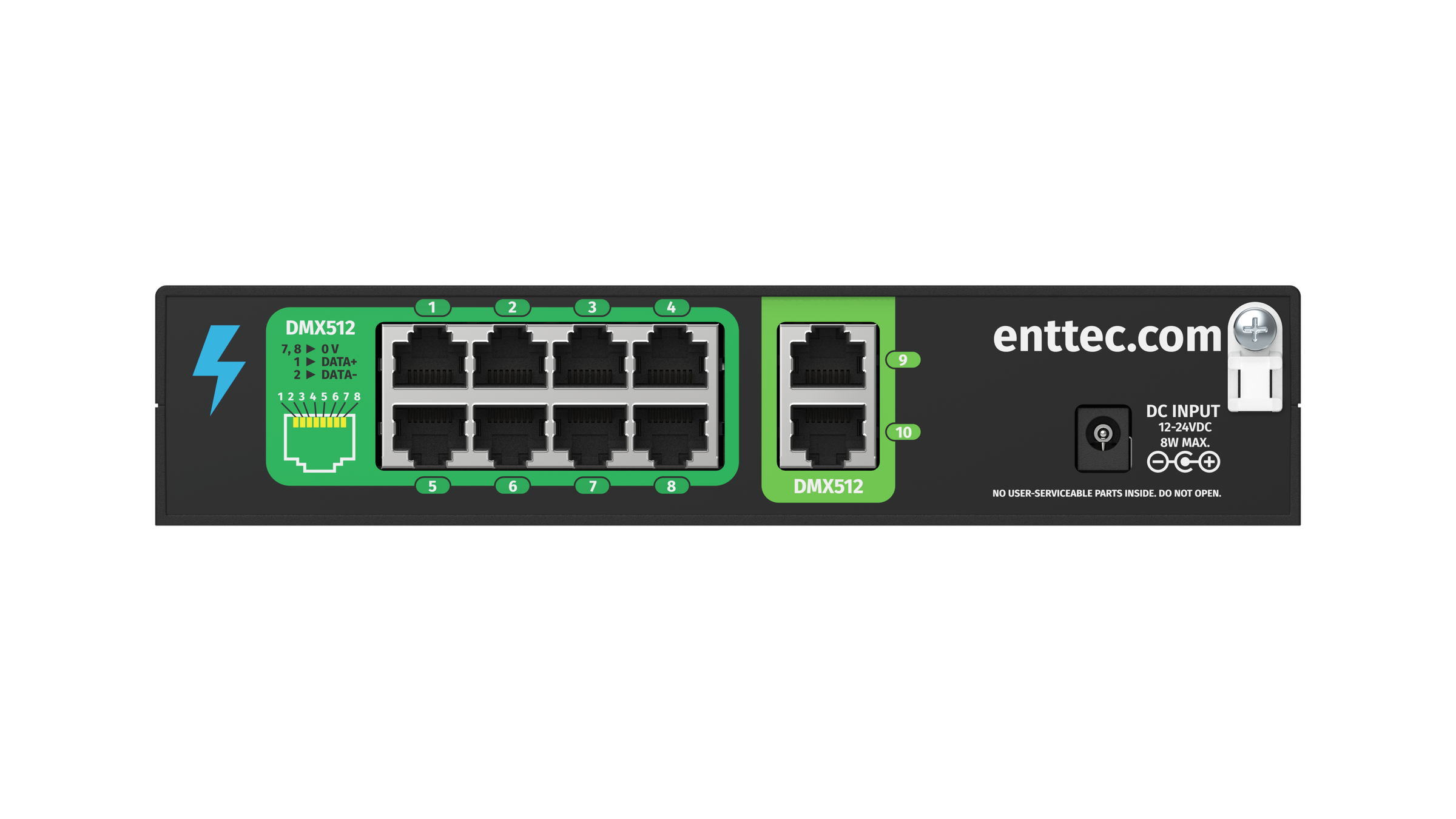 STORM10 rear panel — 10 DMX512 RJ45 ports and 12–24 VDC power input