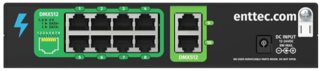 RJ45 DMX pinout — pin 1 Data+, pin 2 Data-, pins 7/8 Ground, shown alongside the STORM10 rear panel