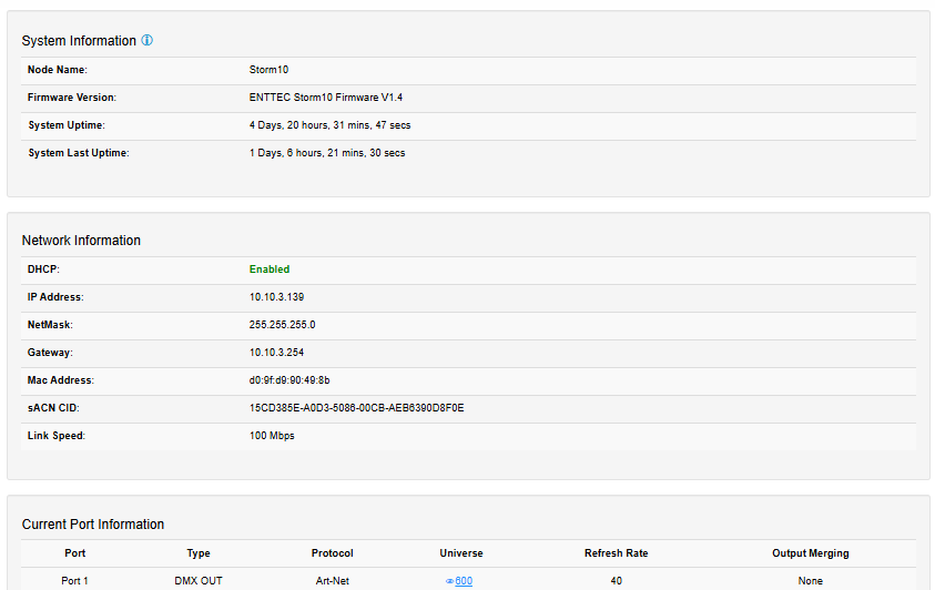 STORM10 web interface — Home tab showing System Information, Network Information and Current Port Information panels