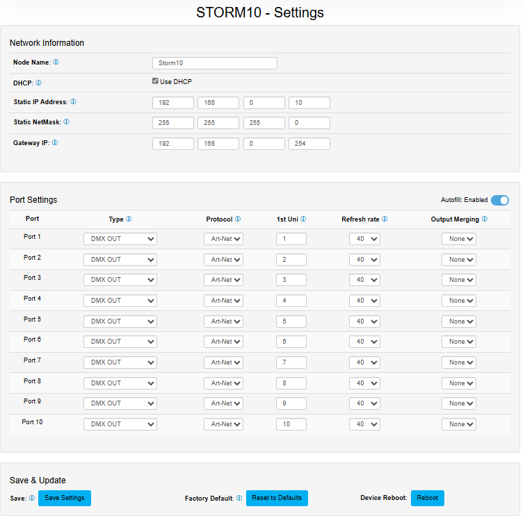 STORM10 web interface — Settings tab with Network Information, Port Settings table for ports 1–10 and Save / Factory Default / Reboot buttons