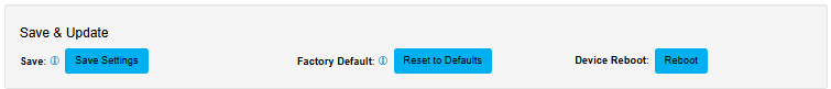 STORM10 Save & Update bar with Save Settings, Factory Default Reset to Defaults, and Device Reboot Reboot buttons