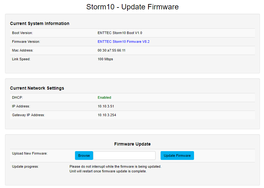 STORM10 Update Firmware tab — boot mode showing Boot Version, Firmware Version, MAC Address, Link Speed and the Firmware Update upload form