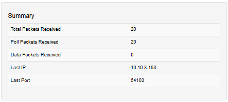 STORM10 Network Stats — ESP tab Summary table with Total / Poll / Data Packets Received, Last IP and Last Port counters