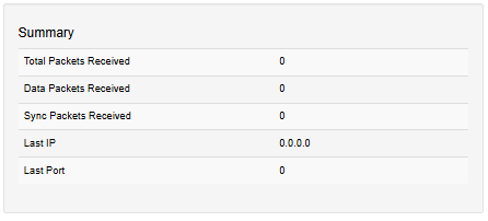 STORM10 Network Stats — sACN tab Summary table with Total / Data / Sync Packets Received, Last IP and Last Port counters