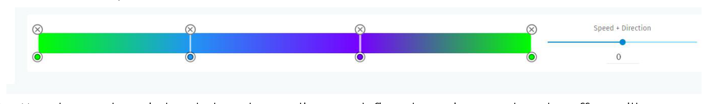 S-PLAY MINI effect editor — editable colour gradient bar with colour points and the Speed + Direction slider used to set playback speed and direction