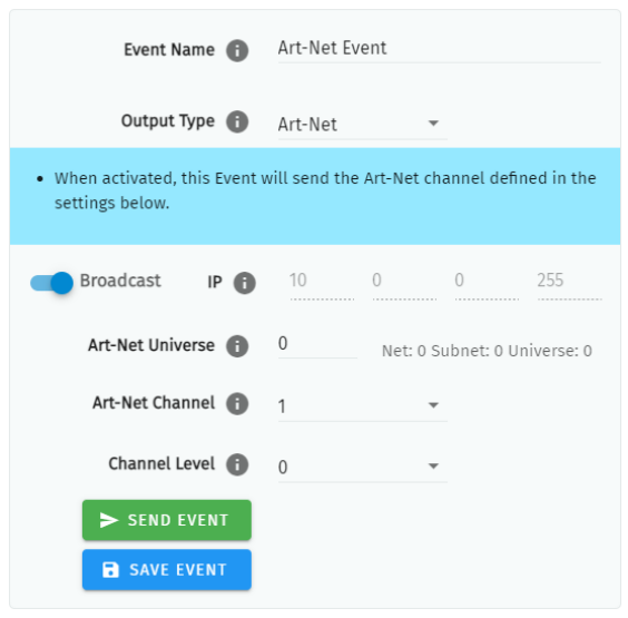 S-PLAY MINI Art-Net Event configuration — Event Name, Output Type Art-Net, Broadcast IP, Art-Net Universe, Art-Net Channel and Channel Level with Send Event and Save Event buttons
