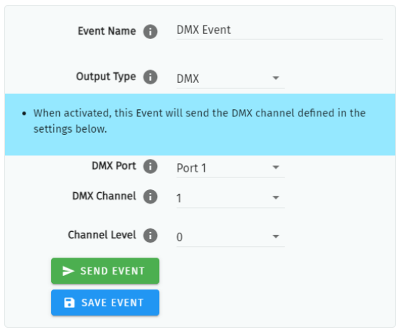 S-PLAY MINI DMX Event configuration — Event Name, Output Type DMX, DMX Port, DMX Channel and Channel Level with Send Event and Save Event buttons