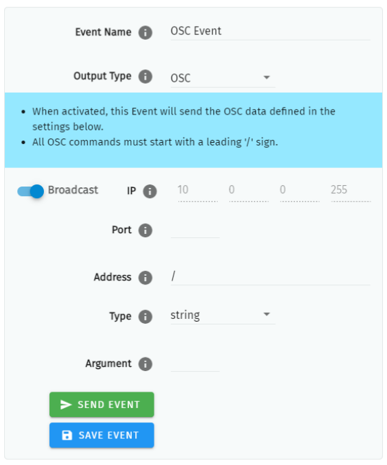 S-PLAY MINI OSC Event configuration — Event Name, Output Type OSC, Broadcast, IP, Port, Address, Type and Argument fields with Send Event and Save Event buttons
