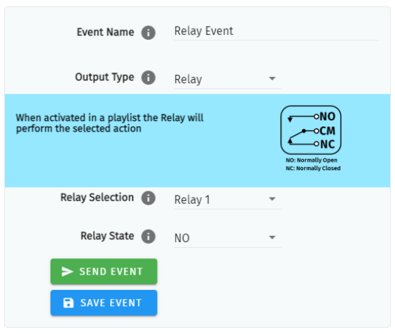 S-PLAY MINI Relay Event configuration — Event Name, Output Type Relay, Relay Selection and Relay State (NO/NC) with a NO/CM/NC contact diagram