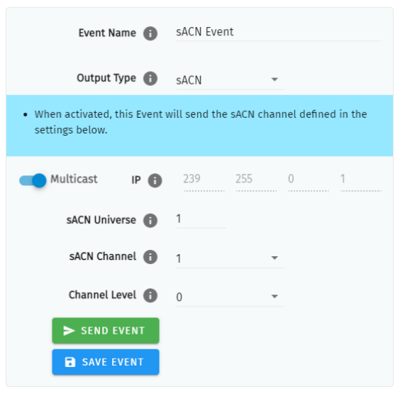 S-PLAY MINI sACN Event configuration — Event Name, Output Type sACN, Multicast IP, sACN Universe, sACN Channel and Channel Level with Send Event and Save Event buttons