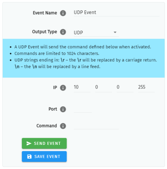 S-PLAY MINI UDP Event configuration — Event Name, Output Type UDP, IP, Port and Command fields with Send Event and Save Event buttons