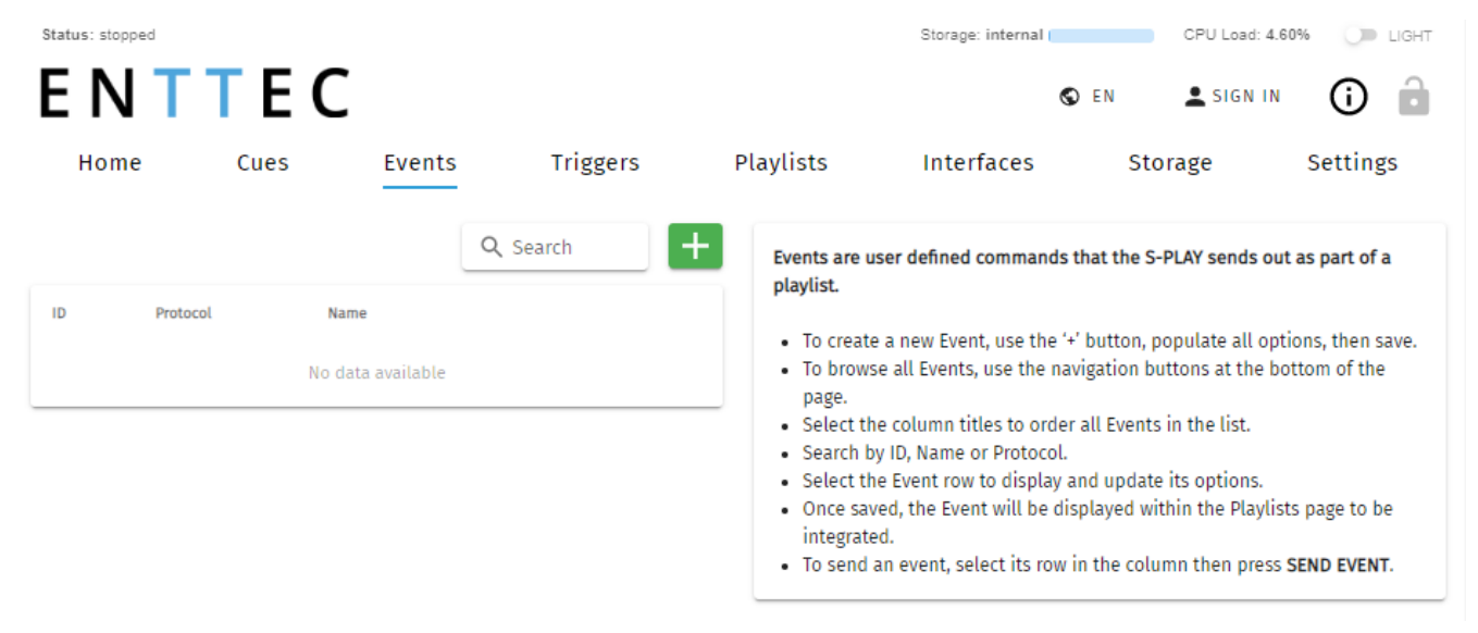 S-PLAY MINI Events page — list of created events by ID, Protocol and Name with a Search field, create + button and an instructions panel explaining how to create, browse, order, search and send Events