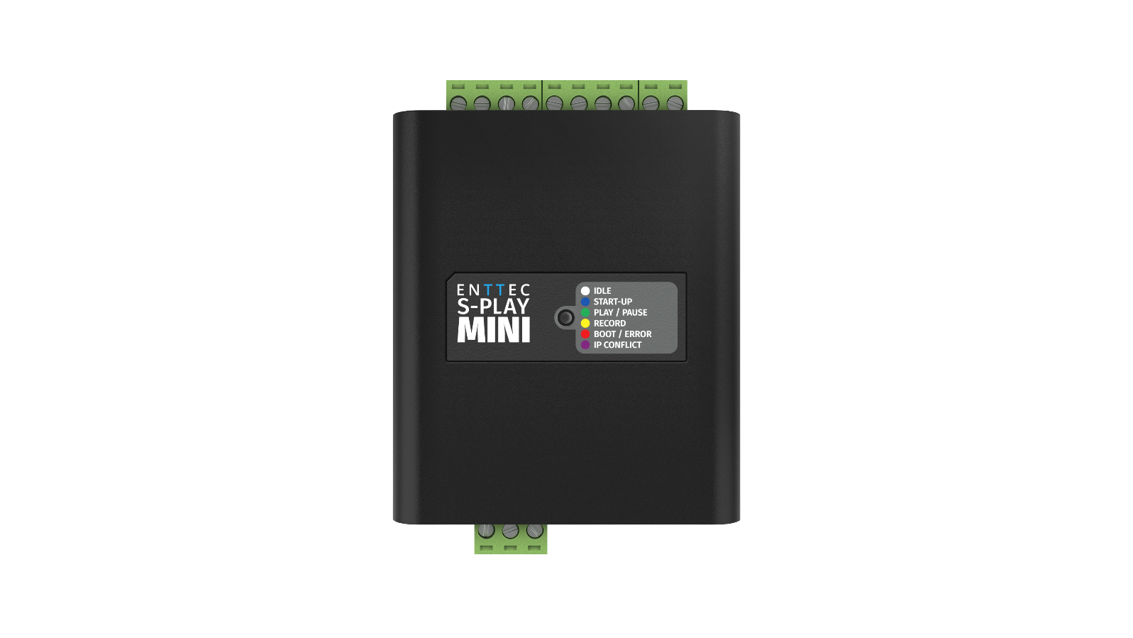 S-PLAY MINI product photo with the forward-facing LED status legend: Idle, Start-up, Play/Pause, Record, Boot/Error and IP Conflict
