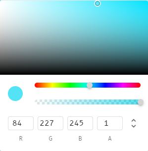 S-PLAY MINI interface editor page colour picker — gradient colour field, hue and alpha sliders and RGBA value fields