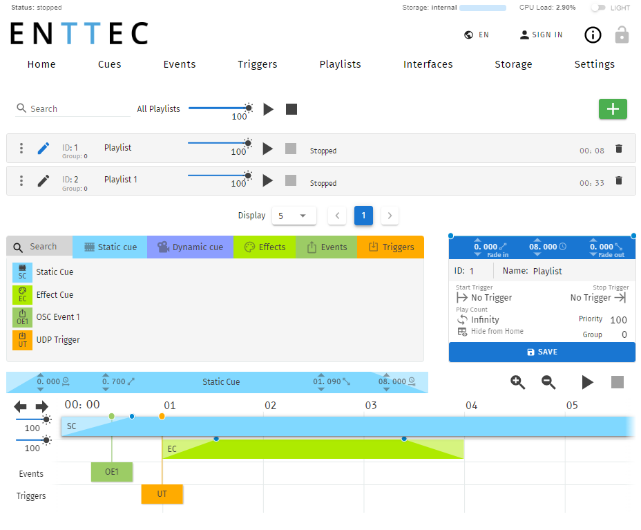 S-PLAY MINI Playlists page showing playlist list and timeline editor