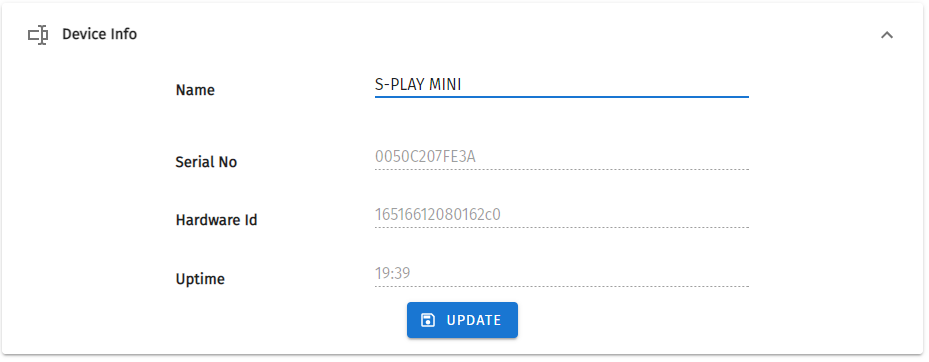 S-PLAY MINI Settings page with tab navigation