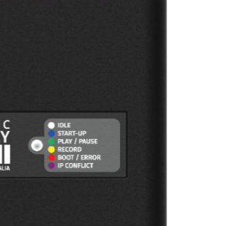 S-PLAY MINI device showing the forward-facing LED status indicator with its colour legend: Idle, Start-up, Play/Pause, Record, Boot/Error and IP Conflict