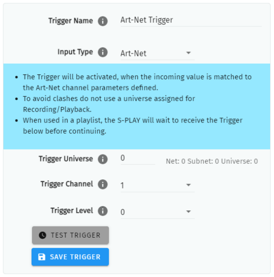 S-PLAY MINI Art-Net Trigger configuration — Trigger Name, Input Type Art-Net, Trigger Universe, Trigger Channel and Trigger Level with Test Trigger and Save Trigger buttons