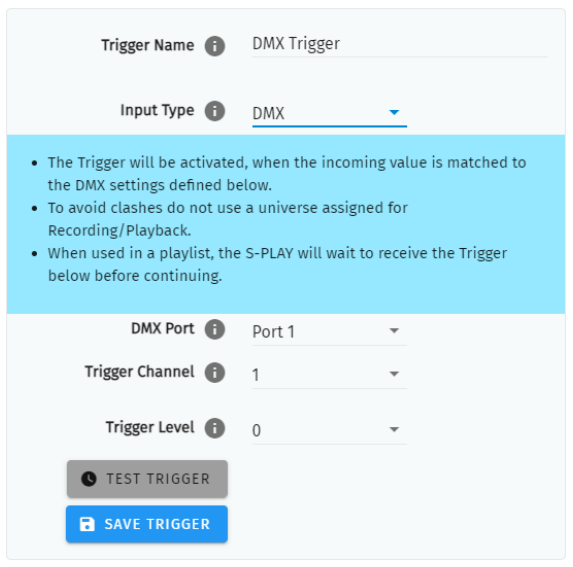 S-PLAY MINI DMX Trigger configuration — Trigger Name, Input Type DMX, DMX Port, Trigger Channel and Trigger Level with Test Trigger and Save Trigger buttons