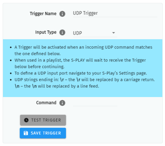 S-PLAY MINI UDP Trigger configuration — Trigger Name, Input Type UDP, the activation rules and Command field with Test Trigger and Save Trigger buttons