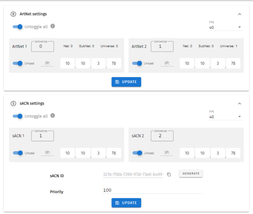 S-PLAY MINI Settings — Art-Net settings and sACN settings panels with per-universe unicast/multicast IP, FPS, sACN ID with Generate and Priority value