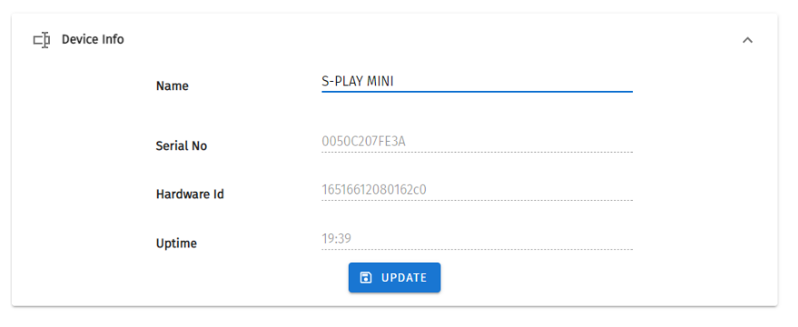 S-PLAY MINI Settings — Device Info panel showing Name, Serial No, Hardware Id and Uptime with an Update button