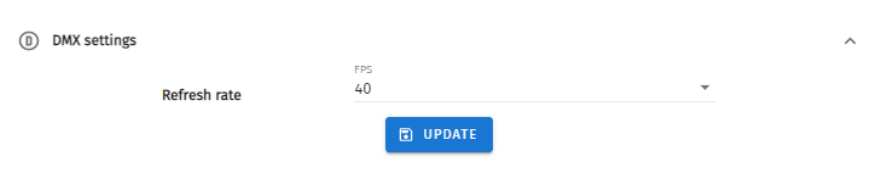 S-PLAY MINI Settings — DMX settings panel with the Refresh rate (FPS) field and Update button