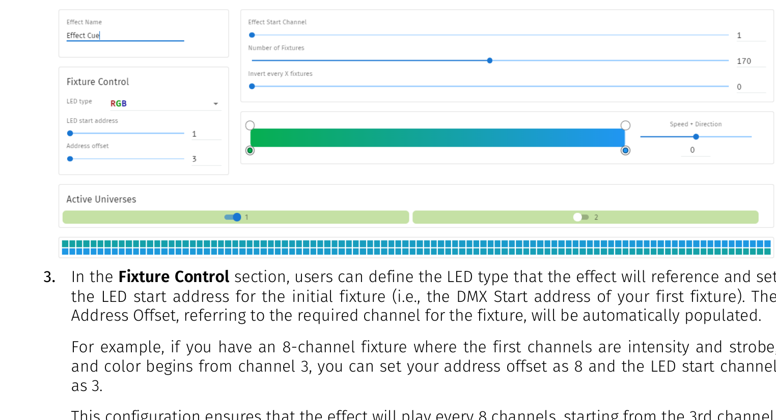 S-PLAY MINI Edit Effect cue editor — Effect Name, Fixture Control (LED type RGB, LED start address, Address offset), Effect Start Channel, Number of Fixtures, Invert every X fixtures, editable colour gradient bar with Speed + Direction control and the Active Universes (1, 2) toggles