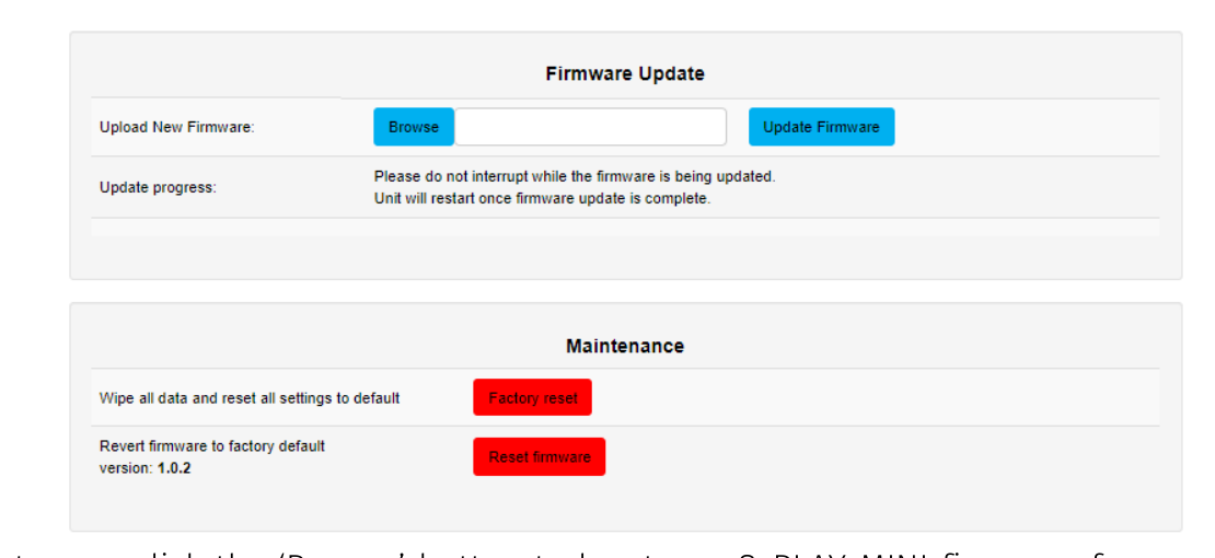 S-PLAY MINI boot page — Firmware Update section with Browse, Update Firmware and update progress, and a Maintenance section with Factory reset and Reset firmware buttons