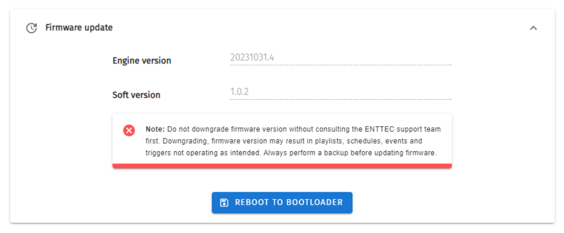 S-PLAY MINI Settings — Firmware update panel showing Engine version, Soft version, a downgrade warning note and the Reboot to Bootloader button