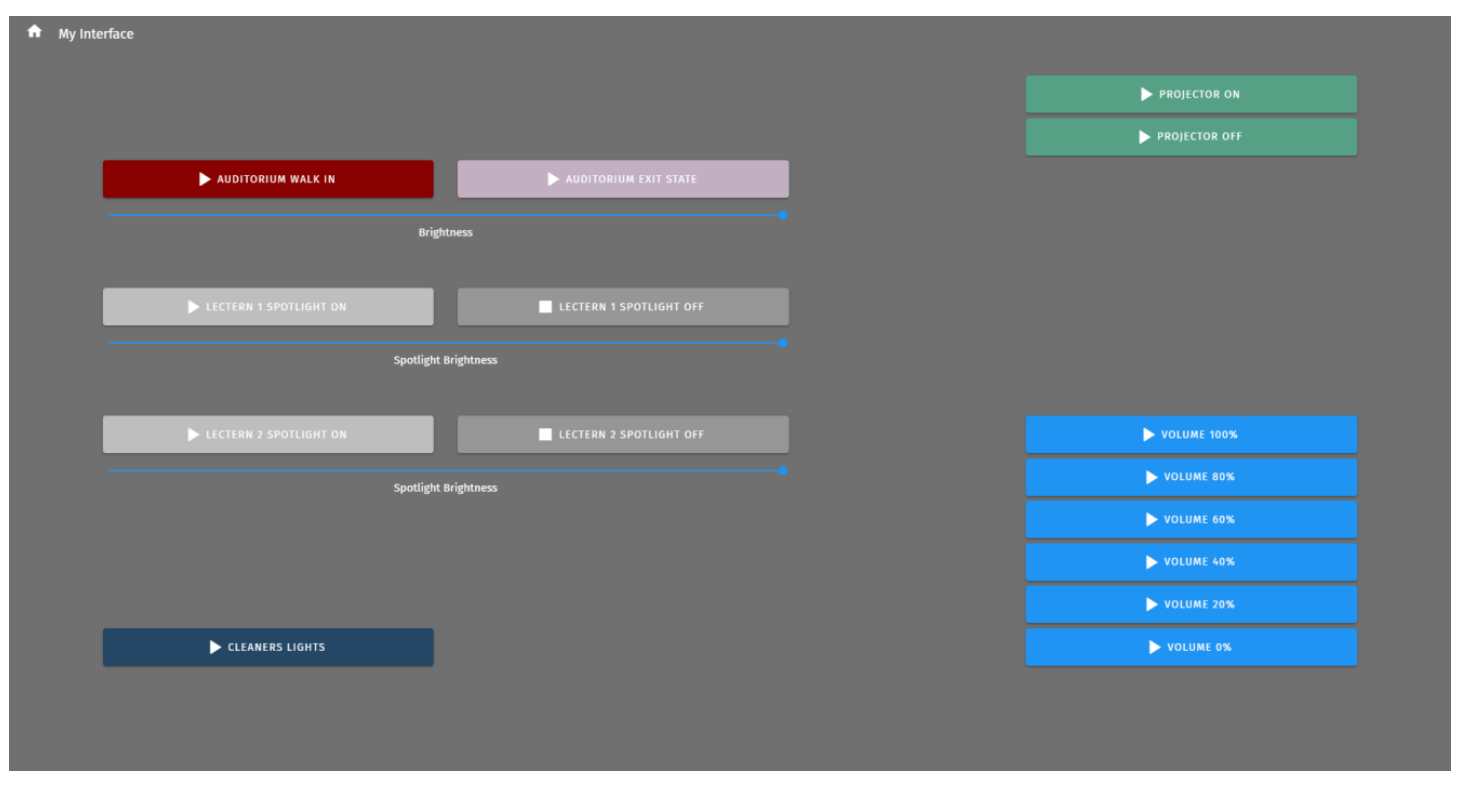 S-PLAY MINI example custom interface 'My Interface' — labelled buttons for Auditorium walk in / exit state, lectern spotlights on/off, cleaners lights, projector on/off and volume presets, with brightness sliders