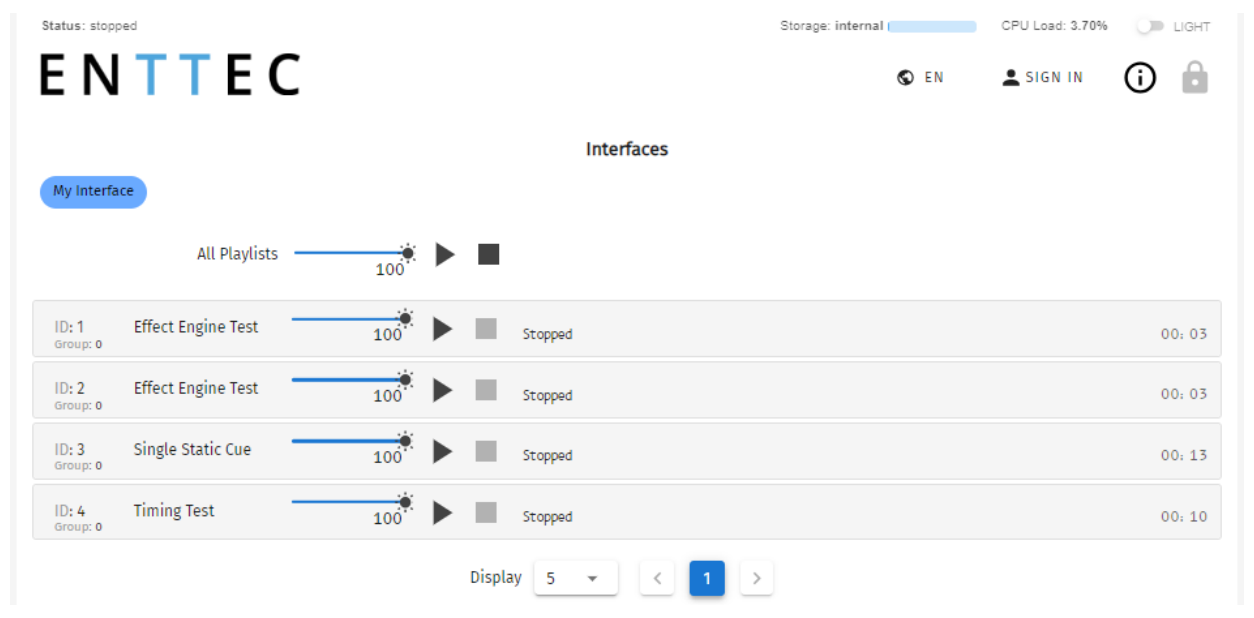 S-PLAY MINI locked Home view — custom interface 'My Interface' link with All Playlists and individual playlist play/stop and intensity controls available to the end user