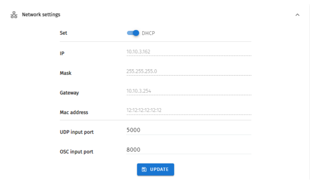 S-PLAY MINI Settings — Network settings panel with DHCP toggle, IP, Mask, Gateway, Mac address, UDP input port and OSC input port fields