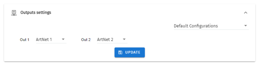S-PLAY MINI Settings — Output settings panel assigning Out 1 and Out 2 to a protocol (ArtNet) with a Default Configurations drop-down and Update button