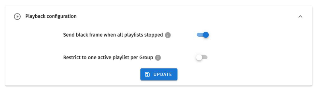 S-PLAY MINI Settings — Playback configuration panel toggling 'Send black frame when all playlists stopped' and 'Restrict to one active playlist per Group'