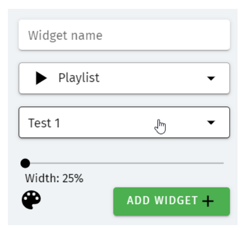 S-PLAY MINI Widget editor — Widget name field, function selector (Playlist), target playlist dropdown, Width slider set to 25%, colour picker and the green ADD WIDGET button