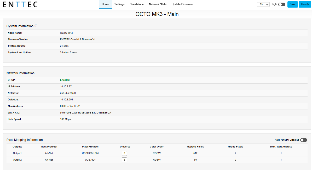 OCTO MK3 web interface — Home tab showing System, Network and Pixel Mapping Information