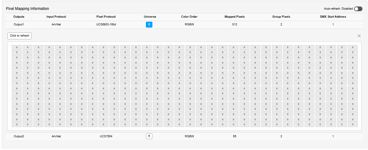 OCTO MK3 Home tab — universe buffer showing live DMX channel values
