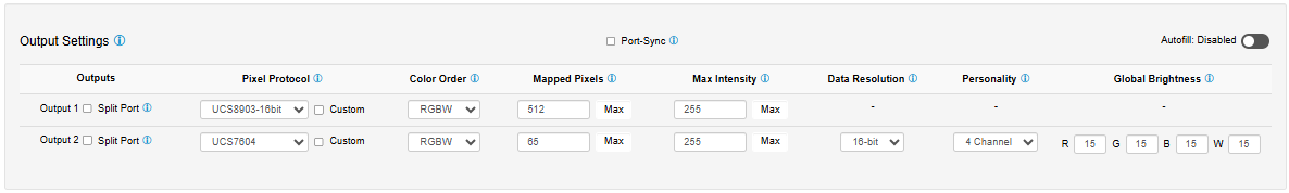 OCTO MK3 Settings — Output Settings per port (Pixel Protocol, Colour Order, Mapped Pixels, Max Intensity, Data Resolution, Personality, Global Brightness)