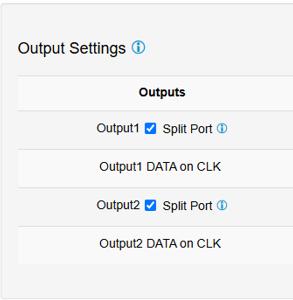 OCTO MK3 Output Settings — Split Port enabled showing Output1 / Output1 DATA on CLK / Output2 / Output2 DATA on CLK