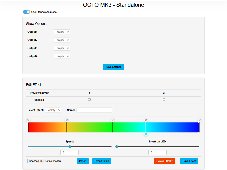 OCTO MK3 web interface — Standalone tab with Show Options and Edit Effect editor