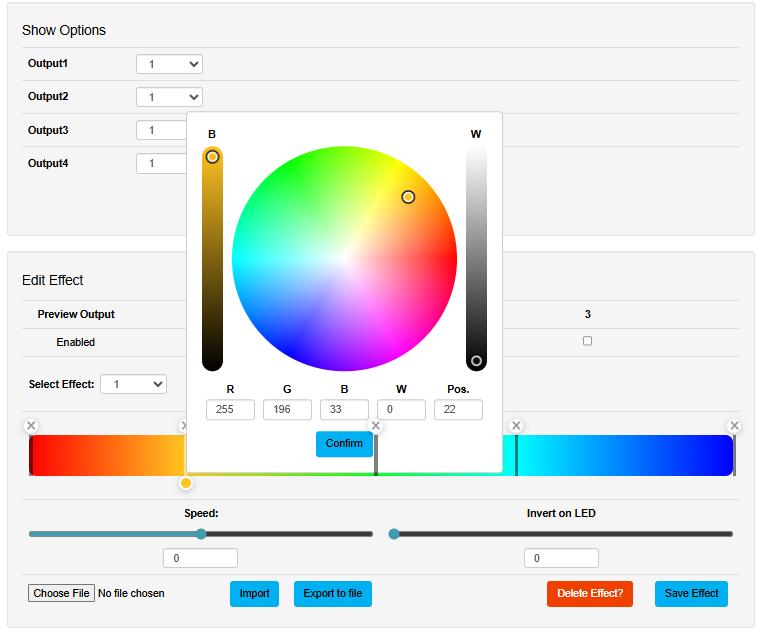 OCTO MK3 Standalone — Edit Effect colour picker with R/G/B/W and gradient position controls