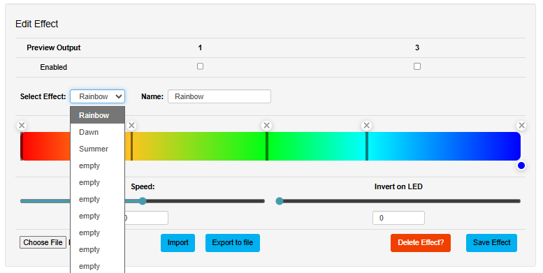 OCTO MK3 Standalone — Select Effect dropdown showing saved effects (Rainbow, Dawn, Summer, empty…)