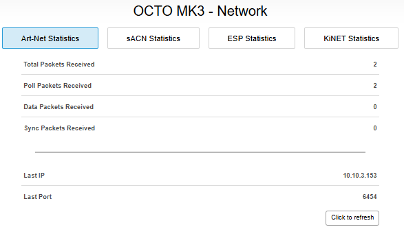 OCTO MK3 Network Stats — Art-Net Statistics tab