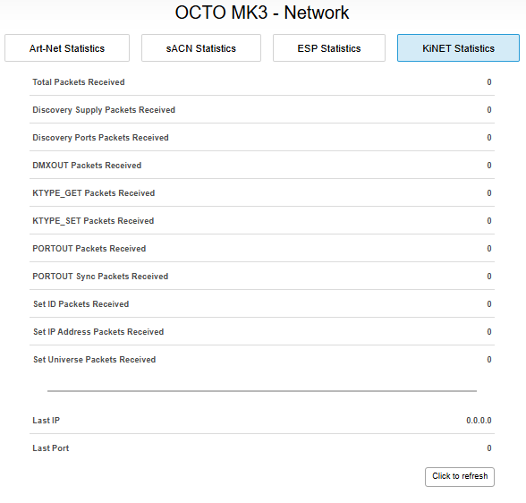 OCTO MK3 Network Stats — KiNet Statistics tab