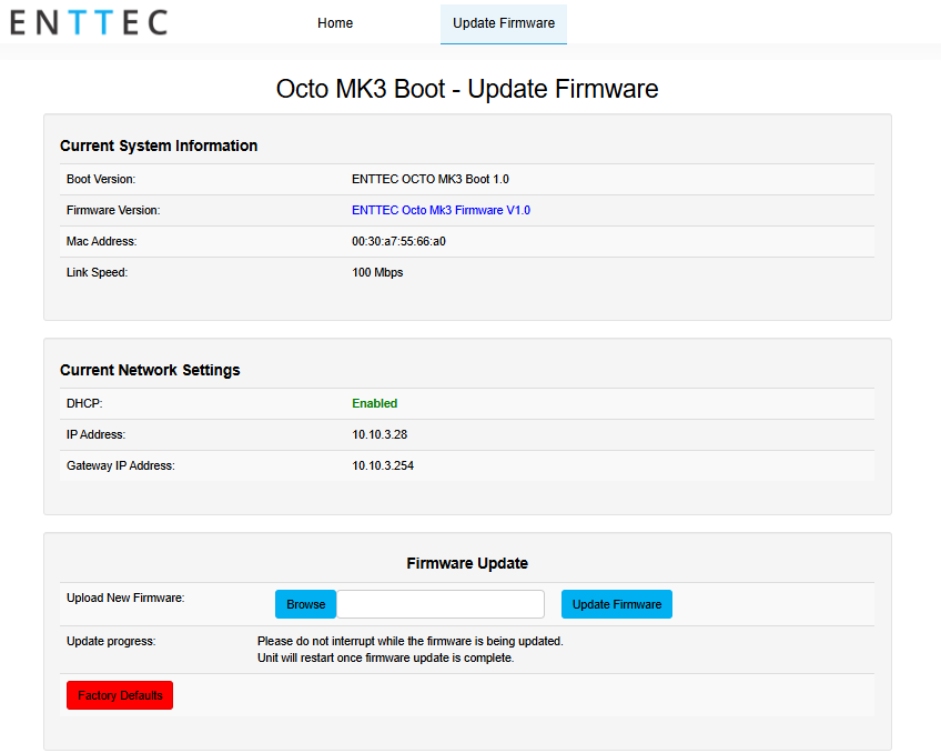 OCTO MK3 boot — Update Firmware page showing Boot Version, Firmware Version, Mac Address and Upload New Firmware controls