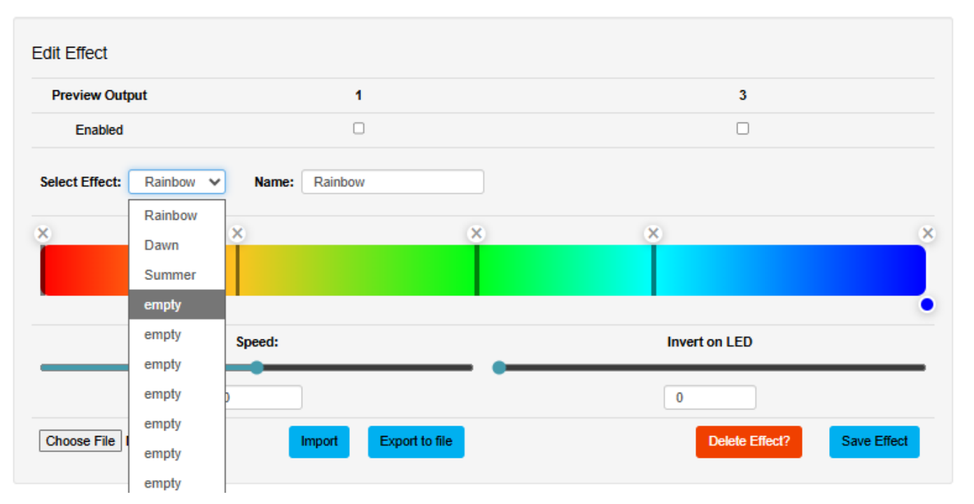OCTO MK3 Standalone — Import Show File: Select Effect dropdown with an empty slot selected to receive the imported show