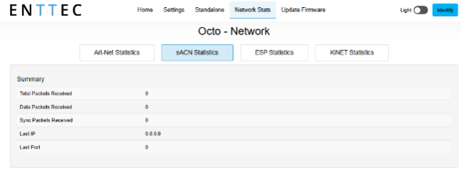 OCTO MK3 Network Stats — sACN Statistics tab